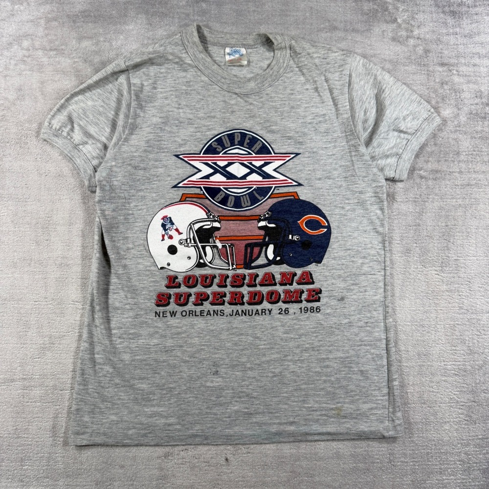 Super Bowl XX Shirt Mens Large Grey 1986 Patriots Bears Vintage 80s Ringer